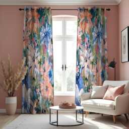Watercolor Floral Curtains, Abstract Blue & Pink Flower Drapes, Custom Made To Measure Curtain Panels