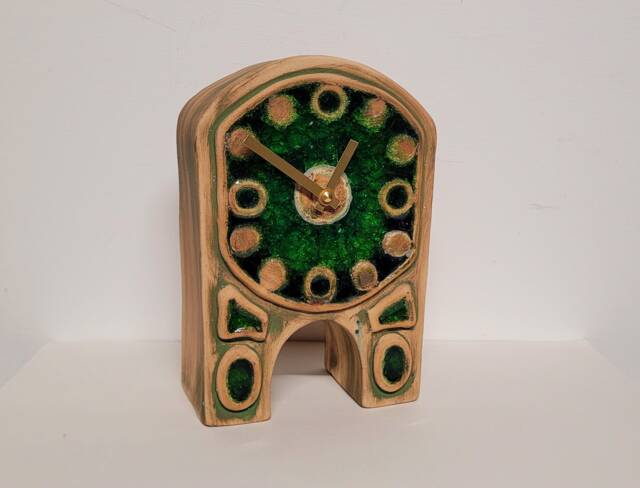 Hand Made Slab Built Free Standing Matt Green Stoneware Ceramic Mantle Clock With Inlaid Glass 22 cm Tall - image 1