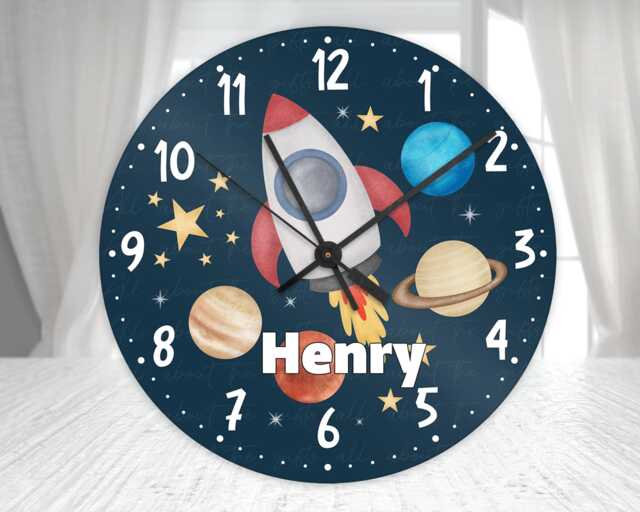 Kids Space Theme Clock, Personalised Glass Wall Rocket Outer Decor - image 1