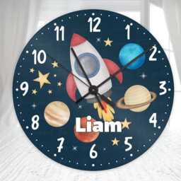 Kids Space Theme Clock, Personalised Glass Wall Rocket Outer Decor - thumbnail 2