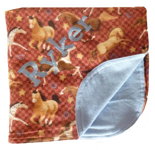 Handmade Two Sided Flannel Baby Blanket Personialized By Embroidery - Horses On The Run - image 1
