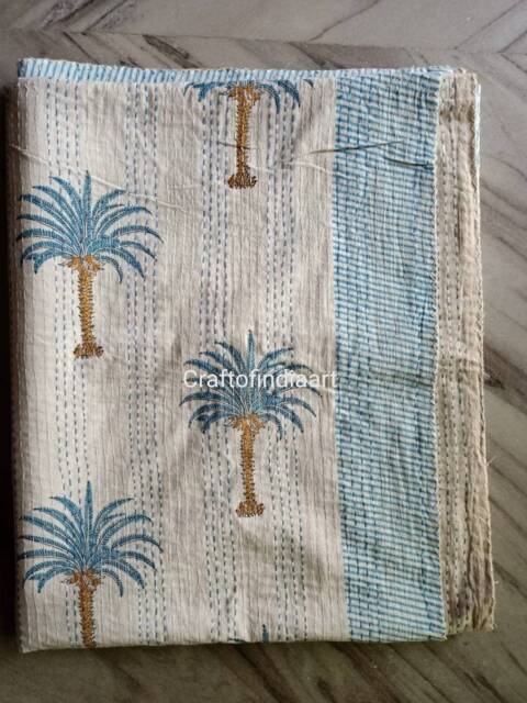 Christmas Sale Palm Tree Print New Indian Handmade Kantha Quilt Gudri Blanket Bedspread Throw Size-Multi - image 1
