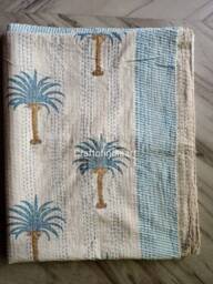 Christmas Sale Palm Tree Print New Indian Handmade Kantha Quilt Gudri Blanket Bedspread Throw Size-Multi - thumbnail 1