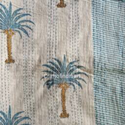 Christmas Sale Palm Tree Print New Indian Handmade Kantha Quilt Gudri Blanket Bedspread Throw Size-Multi - thumbnail 2