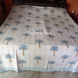 Christmas Sale Palm Tree Print New Indian Handmade Kantha Quilt Gudri Blanket Bedspread Throw Size-Multi - thumbnail 4