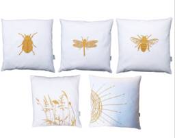 Linen Cushion Cream White Cover, Gold Embroidered, Bee, Dragonfly, Beetle, Grass, Sun 40X40, 40X50, 45X45, 50X50, 40 X 60 cm Cover Decorative