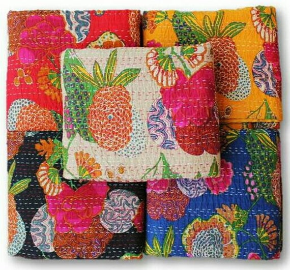 Christmas Sale 5 Piece Bedcover Indian Handmade Kantha Quilt Bedspread Coverlet Perfect Bed Matching Throw Size Queen