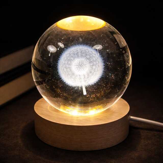 3D Dandelion Crystal Ball Light 6cm Glass Lamp Night Bedroom Flower Art Display Indoor Home Decoration - image 1