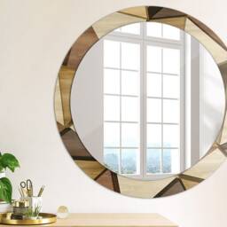 Geometric Wood 3D, Brown, Round Mirror Frame, Design, Glass Wall Decor, Living Room - thumbnail 2