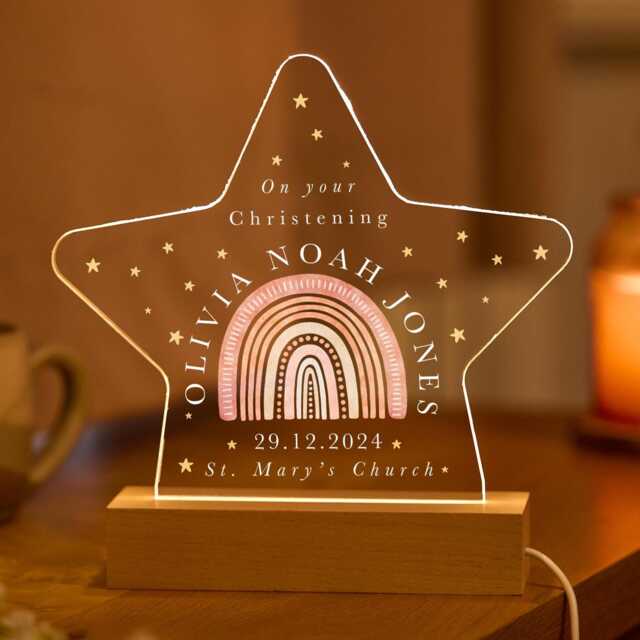Personalised Christening Night Light Gift For Baby Boy Girl Son Daughter Nephew Niece With Name Date Church Keepsake Star Led Lamp Rainbow - image 1