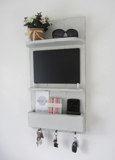 Reclaimed Wood Distressed French Grey Kitchen Organizer 3 Hook Key Holder With Shelf , Letter Rack & Chalk Board/Blackboard - image 1