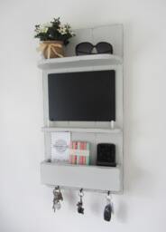 Reclaimed Wood Distressed French Grey Kitchen Organizer 3 Hook Key Holder With Shelf , Letter Rack & Chalk Board/Blackboard