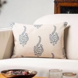 Floral Paisley Boudoir Cushion Cover in Indigo Blue & Natural Beige. Traditional Flower Leaf Motif. 17x12