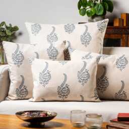 Floral Paisley Boudoir Cushion Cover in Indigo Blue & Natural Beige. Traditional Flower Leaf Motif. 17x12 - thumbnail 2