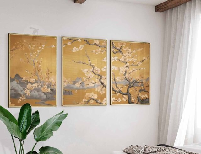 Japanese Floral Art Prints, Golden Botanical Wall Decor Set Of 3 - image 1