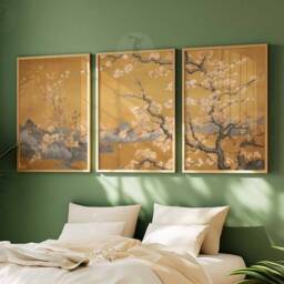 Japanese Floral Art Prints, Golden Botanical Wall Decor Set Of 3 - thumbnail 3