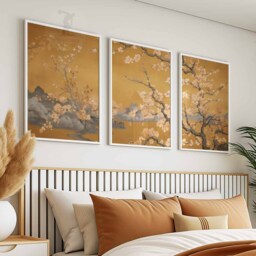 Japanese Floral Art Prints, Golden Botanical Wall Decor Set Of 3 - thumbnail 2