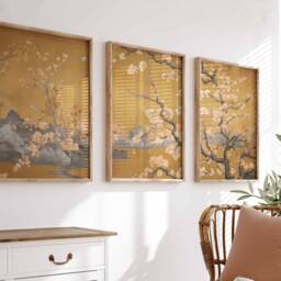 Japanese Floral Art Prints, Golden Botanical Wall Decor Set Of 3 - thumbnail 4