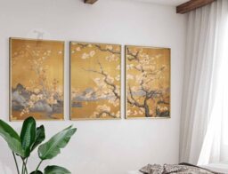 Japanese Floral Art Prints, Golden Botanical Wall Decor Set Of 3 - thumbnail 1
