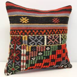 Handmade Kilim Pillow Cover, Oriental Wool Cushion - 18x18 Inch