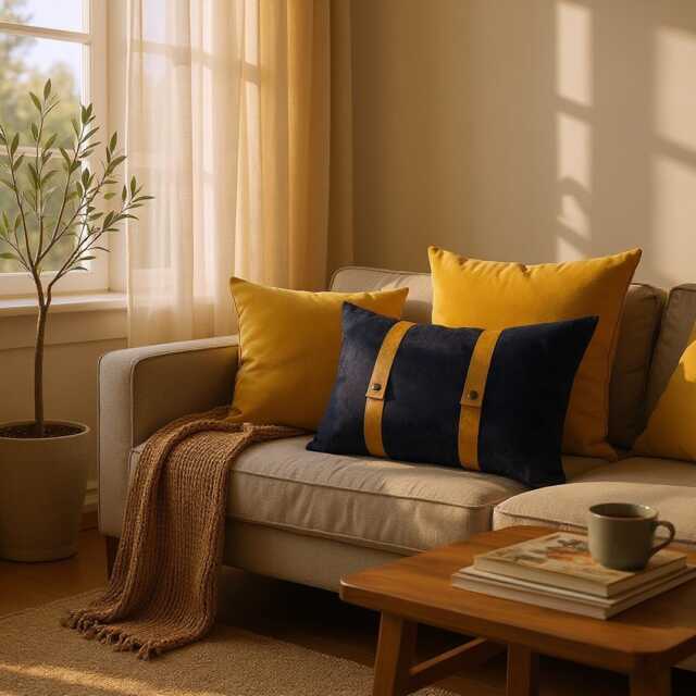 Black Faux Suede Pillow Cover Camel Leather Straps, Modern Scandinavian Decor - image 1