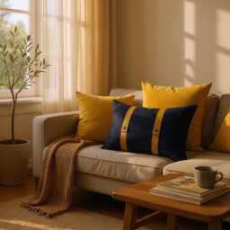 Black Faux Suede Pillow Cover Camel Leather Straps, Modern Scandinavian Decor