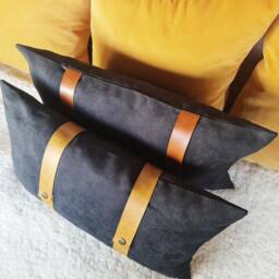 Black Faux Suede Pillow Cover Camel Leather Straps, Modern Scandinavian Decor - thumbnail 4
