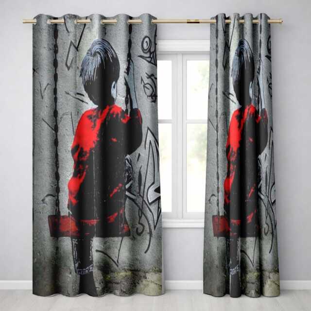 Boy On Swing Red Jacket Monochrome Graffiti Elegant Unique Artwork For Home Decor Readymade Eyelet Ring Top Thermal 100% Blackout Curtains - image 1