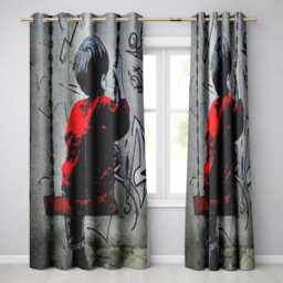 Boy On Swing Red Jacket Monochrome Graffiti Elegant Unique Artwork For Home Decor Readymade Eyelet Ring Top Thermal 100% Blackout Curtains - thumbnail 1
