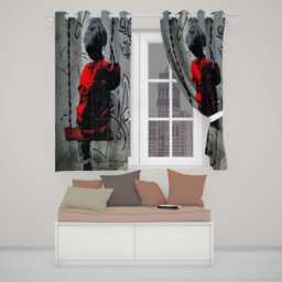 Boy On Swing Red Jacket Monochrome Graffiti Elegant Unique Artwork For Home Decor Readymade Eyelet Ring Top Thermal 100% Blackout Curtains - thumbnail 2