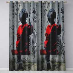 Boy On Swing Red Jacket Monochrome Graffiti Elegant Unique Artwork For Home Decor Readymade Eyelet Ring Top Thermal 100% Blackout Curtains - thumbnail 3