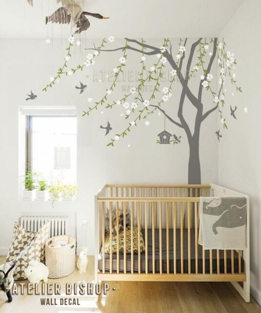 Cherry Blossom Tree Wall Decal Vines, Birdhouse, Nursery Decor - image 1