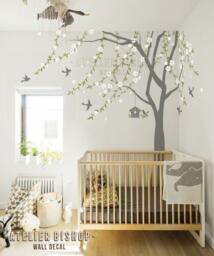 Cherry Blossom Tree Wall Decal Vines, Birdhouse, Nursery Decor - thumbnail 1