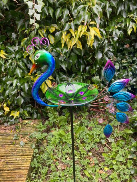 Glass Peacock Bird Bath Feeder Free Standing With Stake Feeding Display Wildlife Gift Garden Decor Decoration - image 1