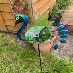 Glass Peacock Bird Bath Feeder Free Standing With Stake Feeding Display Wildlife Gift Garden Decor Decoration - thumbnail 2