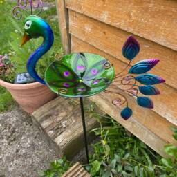 Glass Peacock Bird Bath Feeder Free Standing With Stake Feeding Display Wildlife Gift Garden Decor Decoration - thumbnail 3