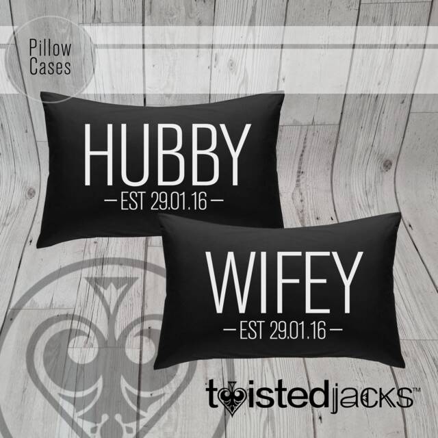 Hubby & Wifey Pillow Case Set Custom Date Print, Modern Design - image 1