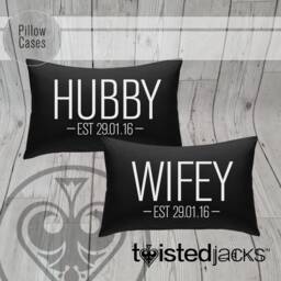 Hubby & Wifey Pillow Case Set Custom Date Print, Modern Design - thumbnail 1