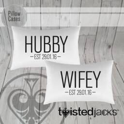 Hubby & Wifey Pillow Case Set Custom Date Print, Modern Design - thumbnail 2