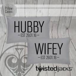 Hubby & Wifey Pillow Case Set Custom Date Print, Modern Design - thumbnail 3