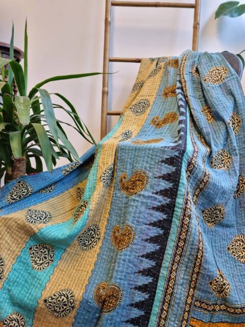 Vintage Handmade Kantha Stitch Sofa Throw - Beach Camper Van Quirky Colours Blue Aqua Black Beige Paisley Peach Elephant - image 1