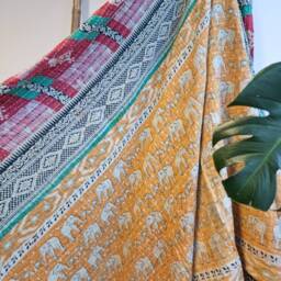 Vintage Handmade Kantha Stitch Sofa Throw - Beach Camper Van Quirky Colours Blue Aqua Black Beige Paisley Peach Elephant - thumbnail 4