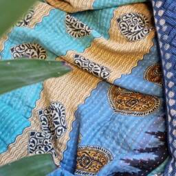 Vintage Handmade Kantha Stitch Sofa Throw - Beach Camper Van Quirky Colours Blue Aqua Black Beige Paisley Peach Elephant - thumbnail 3