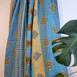 Vintage Handmade Kantha Stitch Sofa Throw - Beach Camper Van Quirky Colours Blue Aqua Black Beige Paisley Peach Elephant - thumbnail 2