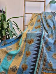 Vintage Handmade Kantha Stitch Sofa Throw - Beach Camper Van Quirky Colours Blue Aqua Black Beige Paisley Peach Elephant - thumbnail 1