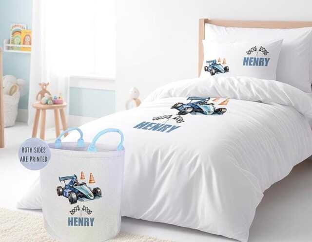 Personalised Racing Car Duvet Cover Set, Custom Name Formula Blue Bedding, Matching Toy Basket - image 1