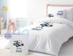 Personalised Racing Car Duvet Cover Set, Custom Name Formula Blue Bedding, Matching Toy Basket