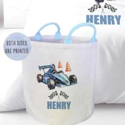 Personalised Racing Car Duvet Cover Set, Custom Name Formula Blue Bedding, Matching Toy Basket - thumbnail 3
