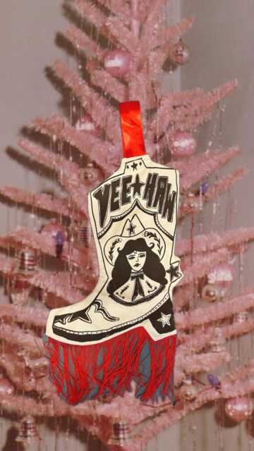 Yeehaw Cowgirl Boot Christmas Stocking With Gold Fringe - image 1