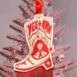 Yeehaw Cowgirl Boot Christmas Stocking With Gold Fringe - thumbnail 3